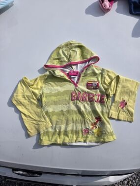 Y2K Barbie Green/Yellow Hooded Long Sleeve Tee with Pink Logo & Floral Appliqué